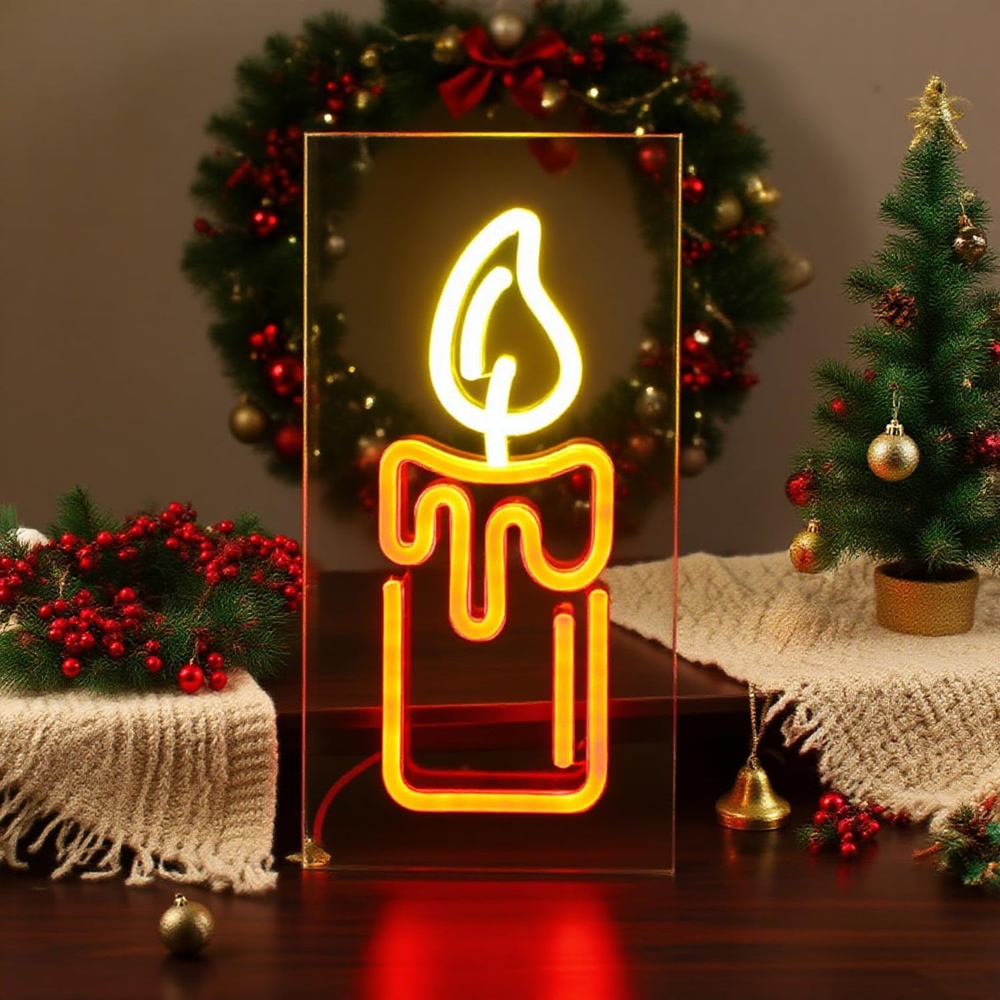 Candle Flame Neon Lights Sign 3D Desktop Standable Flame Lightbox for Wall Decor,USB Powered Candle Fire Neon Sign for Kids Boys Room, Party, Bar, Birthday Decorations