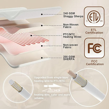 SnugLife Heated Blanket Electric Throw,50" x 60" Fast Heating Electric Blanket with 6 Heat Levels & 4 Hours Auto-Off,Ultra Coza & Warm Heated Throw with ETL Certification,Over-Heat Protection(White)