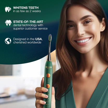 Wagner & Stern WHITEN+ Edition. Whitening electric toothbrush with pressure sensor. Offers 5 brushing modes, 3 intensities, 8 soft brush heads, and a luxury travel case. (Green)