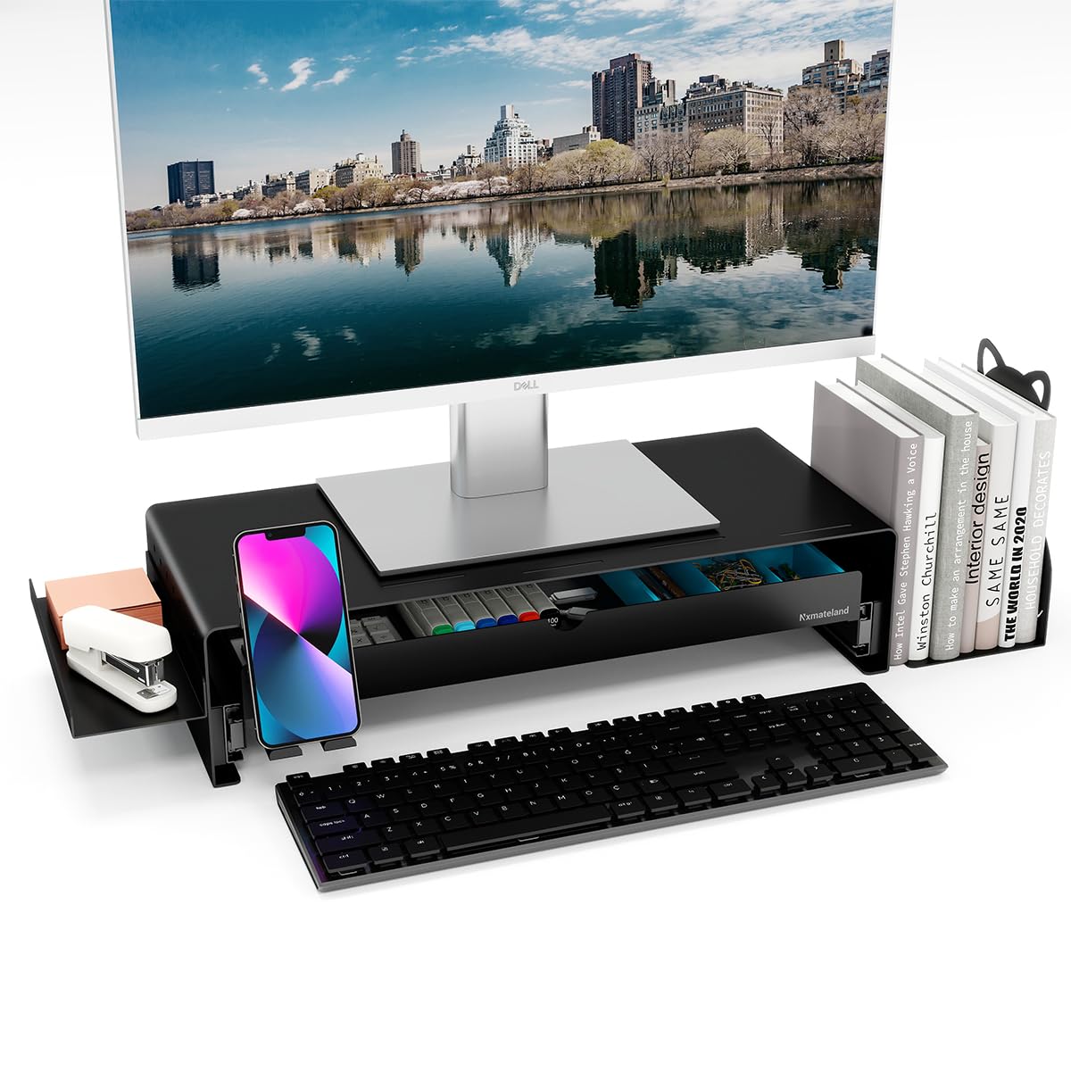 Nxmateland Heavy Duty Metal Monitor Stand, Strong Support Desk Organizer with Storage Shelf, Ergonomic Riser for Computer, Laptop & Printer, Space-Saving Desktop Organizer for Office Home