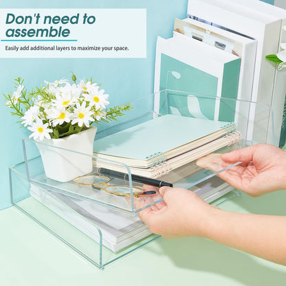 Yulejo 2 Pcs Stackable Acrylic Desk Organizers Paper Tray Storage Tier Accessories Paper File Office Organizer Tray Stackable Document Clear Desk Accessories for Office Workspace Organization