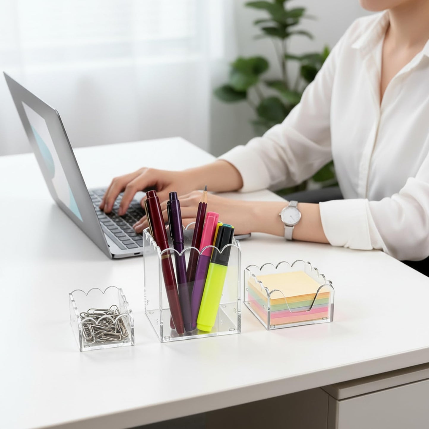 YAGELI Clear Acrylic Desk Organizer Set of 3, Magnetic Modular Pen Holder with Sticky Notes & Paperclip Tray, Aesthetic Desk Accessories for Home Office & Minimalist Decor