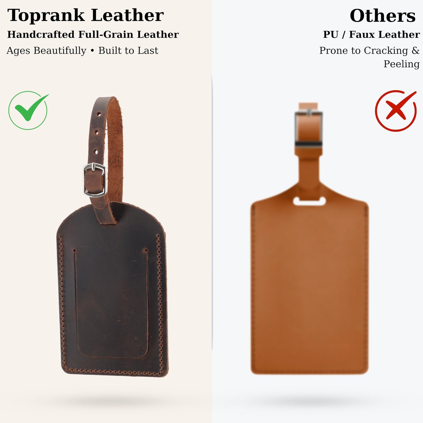 Toprank Leather Luggage Tag for Suitcase – Full Grain Leather Travel ID Tag with Privacy Cover, Buckle Strap & Information Card – Durable Baggage Tag (Tan, 2 Pack)
