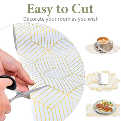 Shelf Liners for Kitchen Cabinets 12in x 20FT, Non Adhesive Cabinet Liner Strong Non-Slip Thickened Gold Geometric Drawer Liner, Easy to Clean for Shelf, Cabinet with Knife and Tape Measure