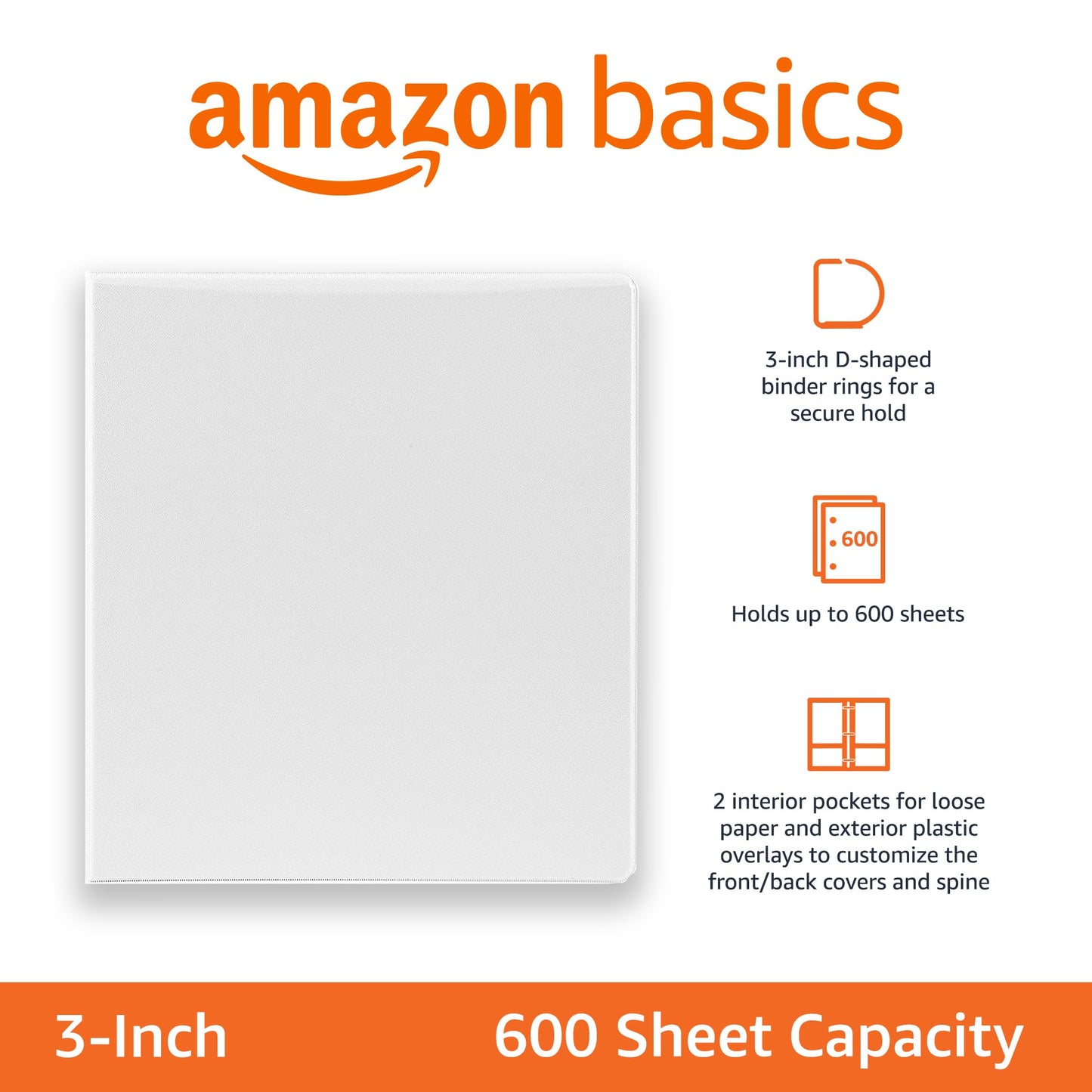 Amazon Basics 3 Ring Binders, 3 Inch D-Ring Organizer for School, Home Office, Paper Storage, White, 2 Pack