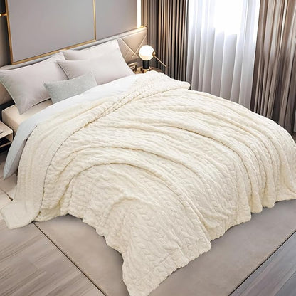PHF Fluffy Sherpa Blanket Queen Size for Winter, Warm and Soft, 510GSM 3D Jacquard Thick Shaggy Fleece Plush Blanket for Sofa Bed, Cream, 90"x90"
