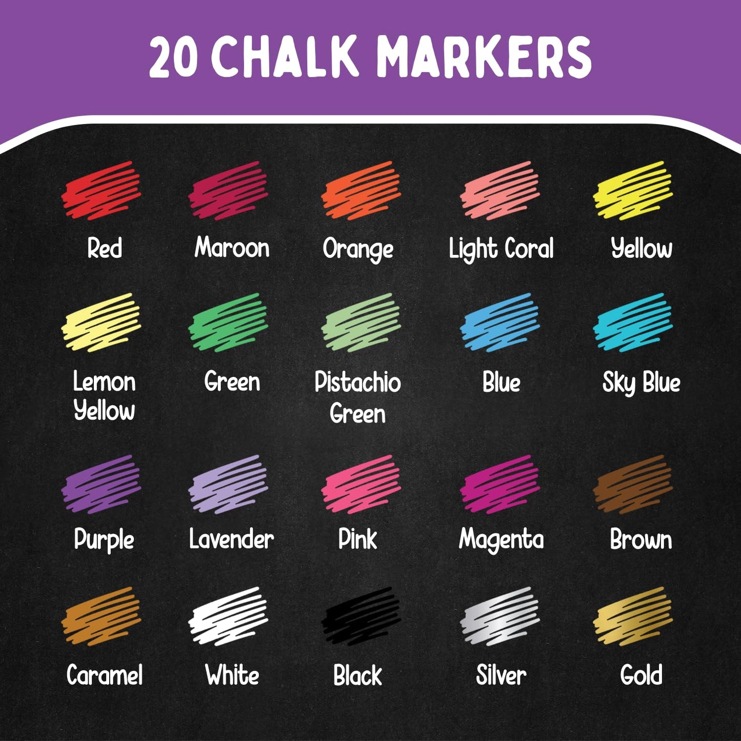 Chalkola 20 Liquid Chalk Markers for Blackboard (6mm Reversible Tip - Neon, Pastel, Metallic Dry Erase Marker) | Washable Chalk Pens for Chalkboards, Window, Car, Glass - Erasable Chalkboard Markers