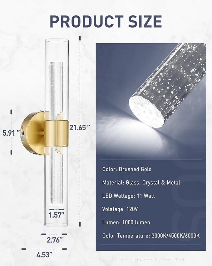 kudos Gold Bathroom Light Fixtures,2 Pack Modern Sconces Wall Lighting with Crystal Bubble and Clear Glass, 3000K/4500K/6000K Adjustable, KDVL05-GD-2-2PK