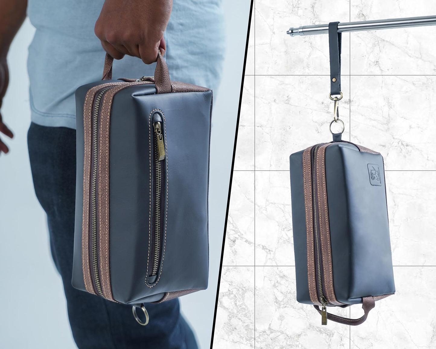 Premium Real Leather Toiletry Bag With Hook, Handmade Full-Grain Genine Leather Kit Bag for Men & Women, Water-Resistant Travel Organizer (Fits 3-4 oz Bottles) Luxury Shaving/Grooming Kit Gift