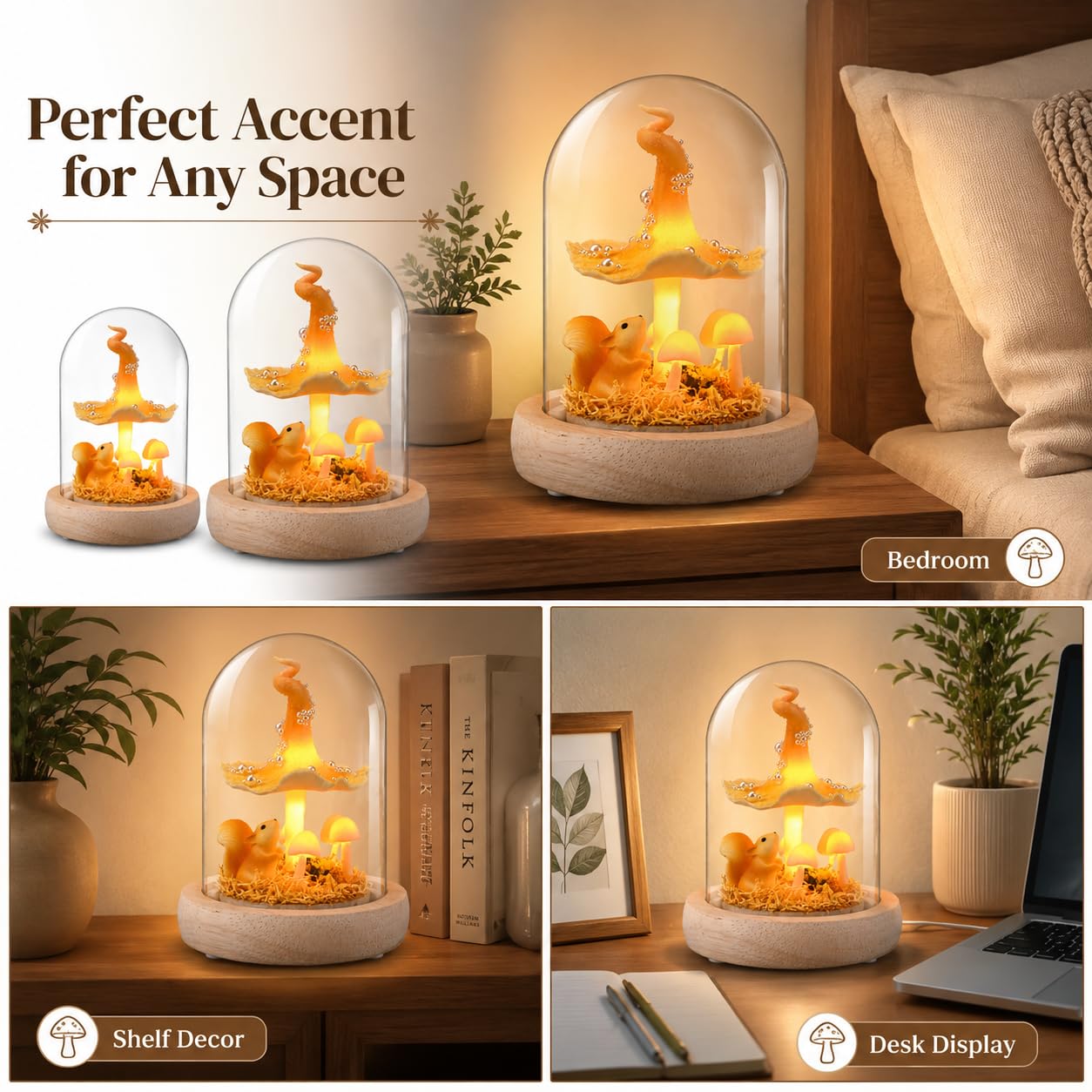 QUELIEN Mushroom Lamp in Glass Dome,Mushroom Gifts for Women - Warm LED Night Light for Bedroom Decor,Birthday Party Decorations,Ideal Birthday Gift Valentines Gift