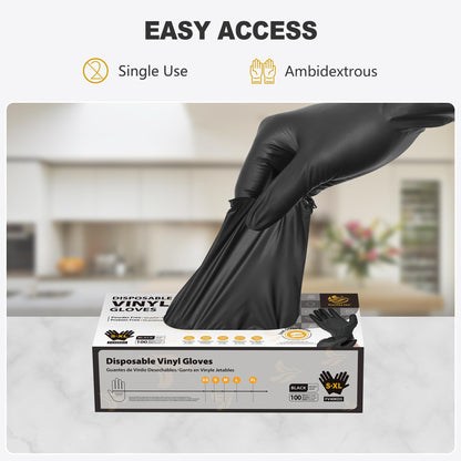 SWIFTLITE Black Vinyl Gloves, Food Grade Gloves Disposable Latex Free & Powder Free, Guantes for Cleaning Cooking Food Prep (100, Large)