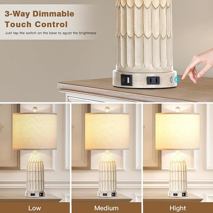 Farmhouse Table Lamps Set of 2, 3-Way Dimmable Touch Lamp for Bedroom Nightstand with USB A+C Ports & AC Outlet, White Vintage Boho Bedside Lamp for Living Room End Table (Bulbs Included)
