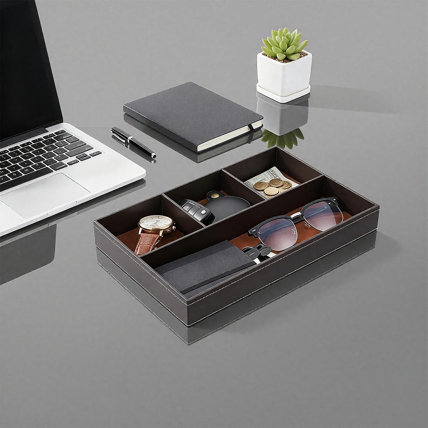 Caeuiciw 2 Pieces Faux Leather Valet Tray for Men, Stackable Jewelry Trays for Drawers, Mens Dresser Top Organizer for Key, Wallet, Sunglass, Watch, Coin, Phone, Nightstand Bedside Tray Brown