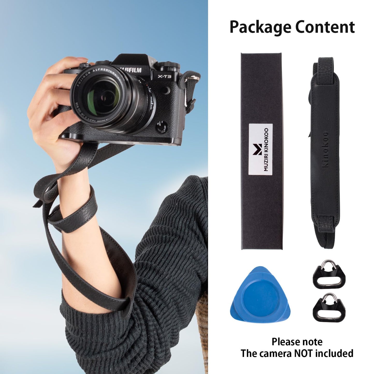 MUZIRI KIINOKOO Camera Strap Genuine Leather with Nylon Belt - Adjustable Shoulder Neck Strap Comes with Triangular Rings for Most of Digital Cameras- Length 90cm to 140cm - Black