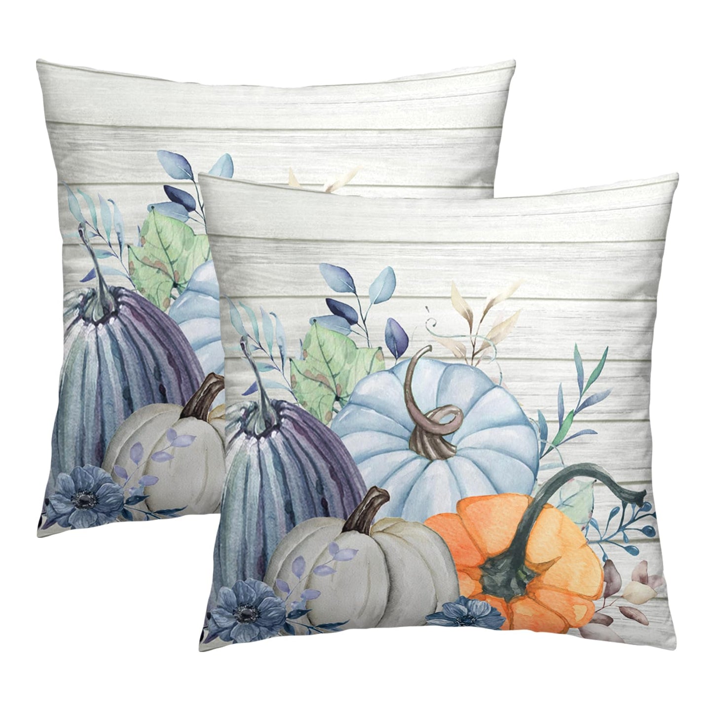 Wnoesat Fall Blue Teal Throw Pillow Covers 16x16 Pumpkin Leaves Print Pillow Cases Set of 2 Thanksgiving Decorations Autumn Harvest Holiday Cushion Cover for Farmhouse Living Room Decor