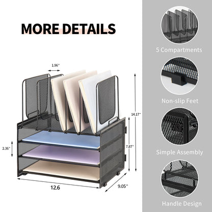 LEKETREE Desk Organizers and Accessories, 3-Tier Paper Organizer with 5 Vertical File Holders, File Folder Organizer (Black, 3T)
