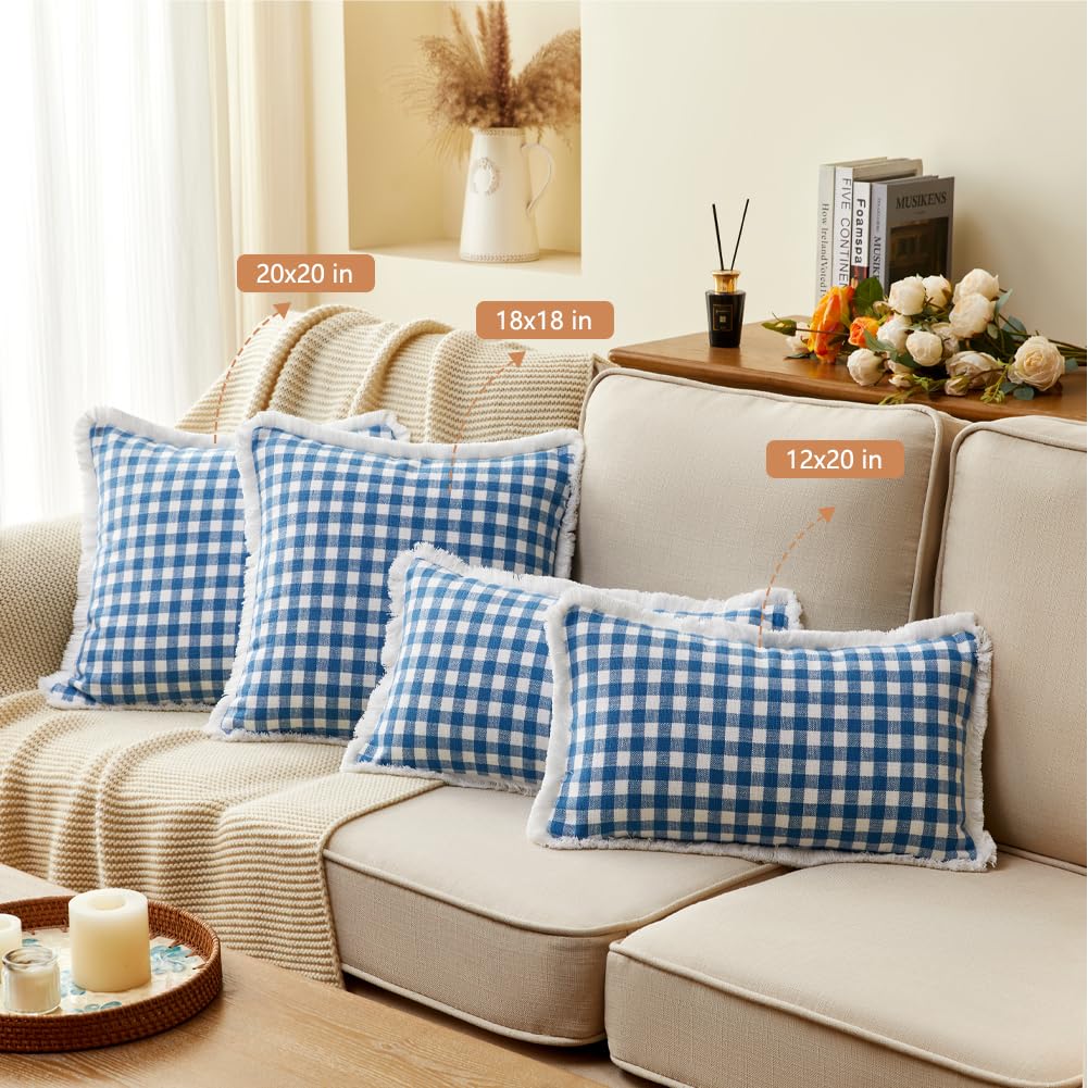 18x18 Blue and White Gingham Striped Throw Pillow Covers with Ruffle Trim