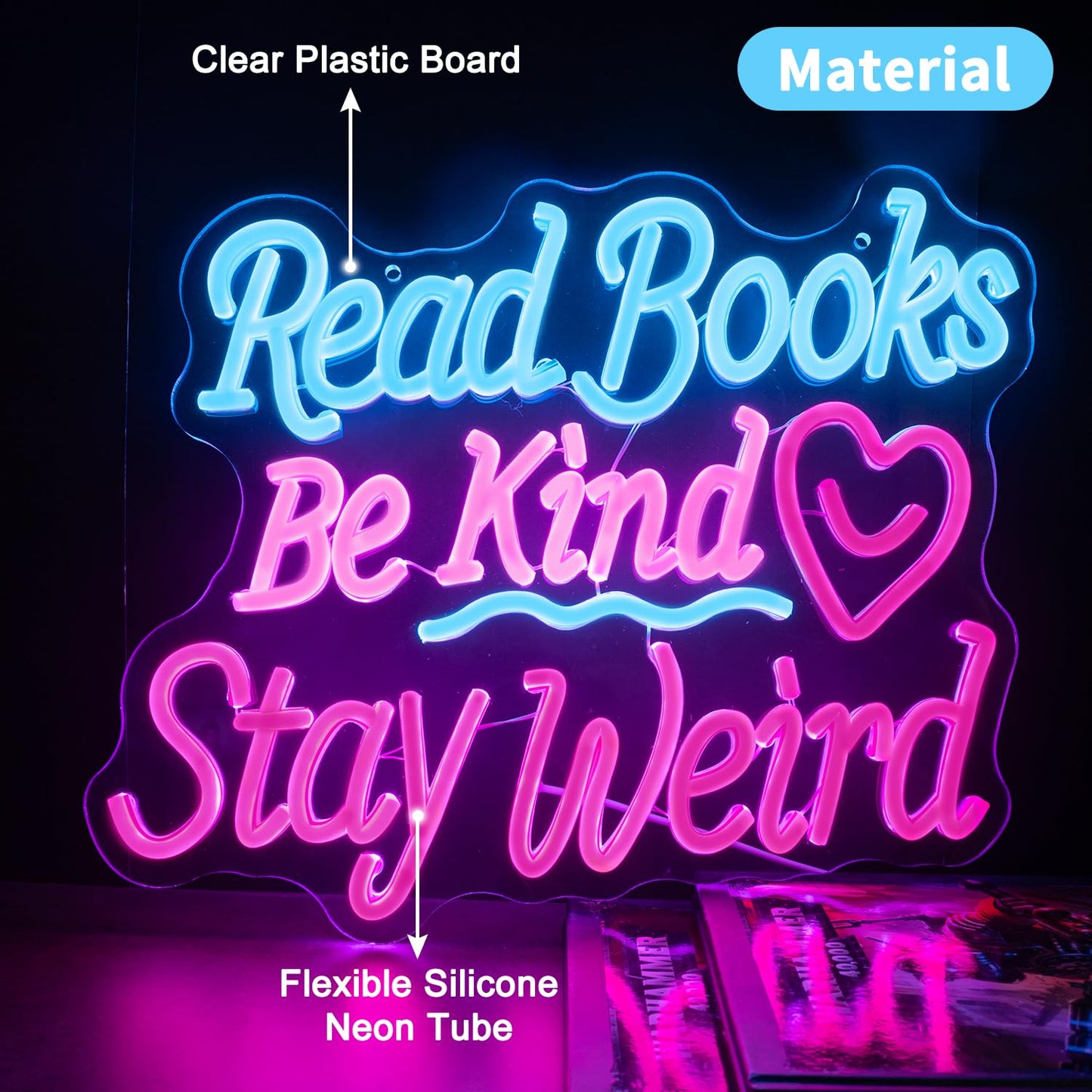 Read Books Be Kind Stay Weird Neon Sign Neon Signs for Wall Decor, Dimmable Read Books Neon Lights LED Sign, Bedroom Bookstore Reading Room Library Study Decoration 14.17 x 12.99 inch