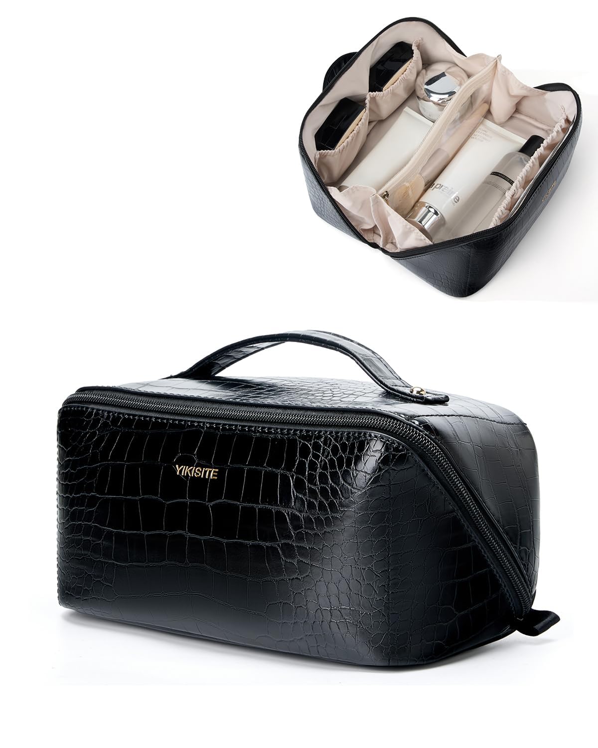 Yikisite Make Up Bag, Cosmetic Organizer for Women, Waterproof Croc PU Leather Makeup Organizer with Divider and Handle Toiletry Bag Travel Bag (Croc Embossed, Black)