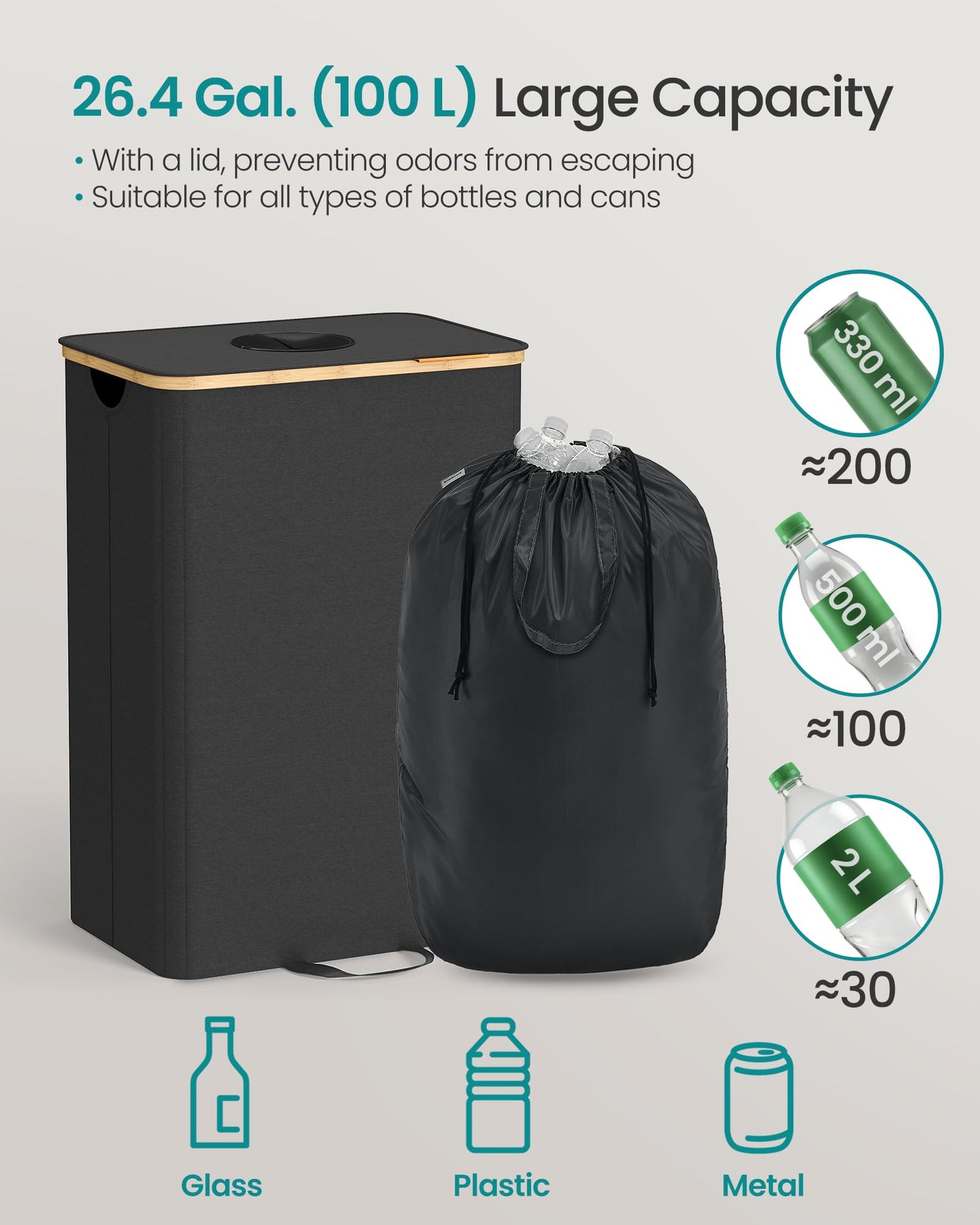 SONGMICS Recycling Bin for Kitchen 26.4 Gallon. Bottle Recycling Container, Collection Bin, for Metal, Plastic, Paper, Glass, Inner Bag with Handles, Kitchen, Ink Black and Natural Beige URRB509B01