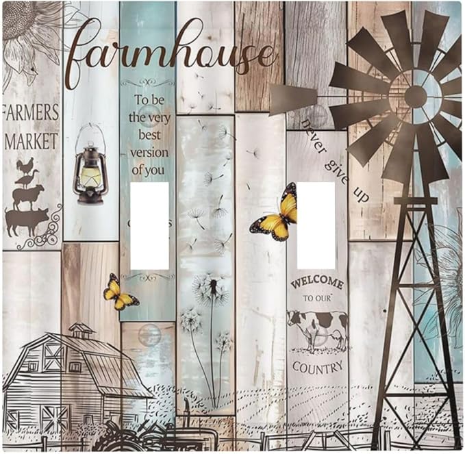 Rustic Western Farmhouse Windmill 2 Gang Light Switch Plate Cover Vintage Barn Wooden Plank Inspirational Quote Double Toggle Wall Plate Decorative Switchplate Electrical Faceplate