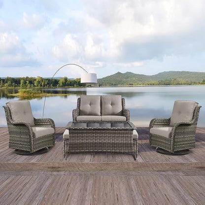 Patio Furniture Swivel Chairs Set - 6 Piece Wicker Rattan Outdoor Sectional Conversation Sets with 2 Swivel Rocking Chairs,2 Ottomans,1 Loveseat and 1 Coffee Table for Porch Deck(Mixed Grey/Grey)