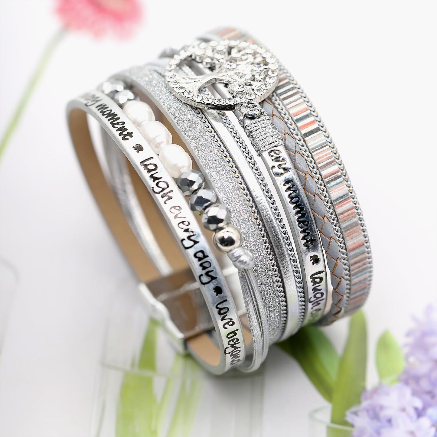 LightOnIt Boho Leather Wrap Bracelets Bohemian Crystal Bracelets Trendy Layered Bracelet with Magnetic Clasp Stackable Jewelry for Women