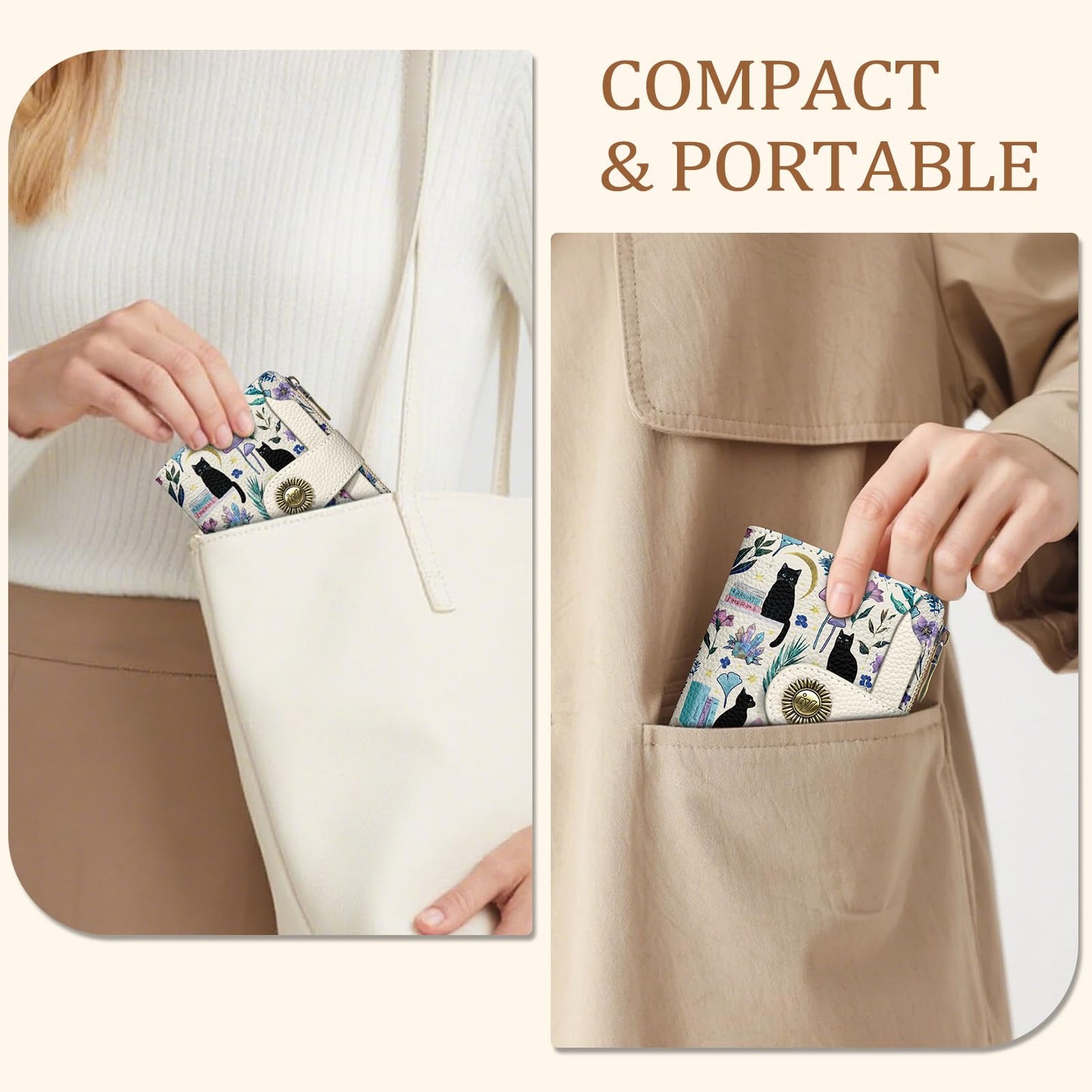 Icycay Black Cat Small Wallet Women RFID Blocking Bifold, Cute Credit Card Holder, Zipper Coin Pocket, PU Leather, Compact, Travel, 4 ID Window, 14 Card Slots, Cash Purse, Ladies Woman Female Girls
