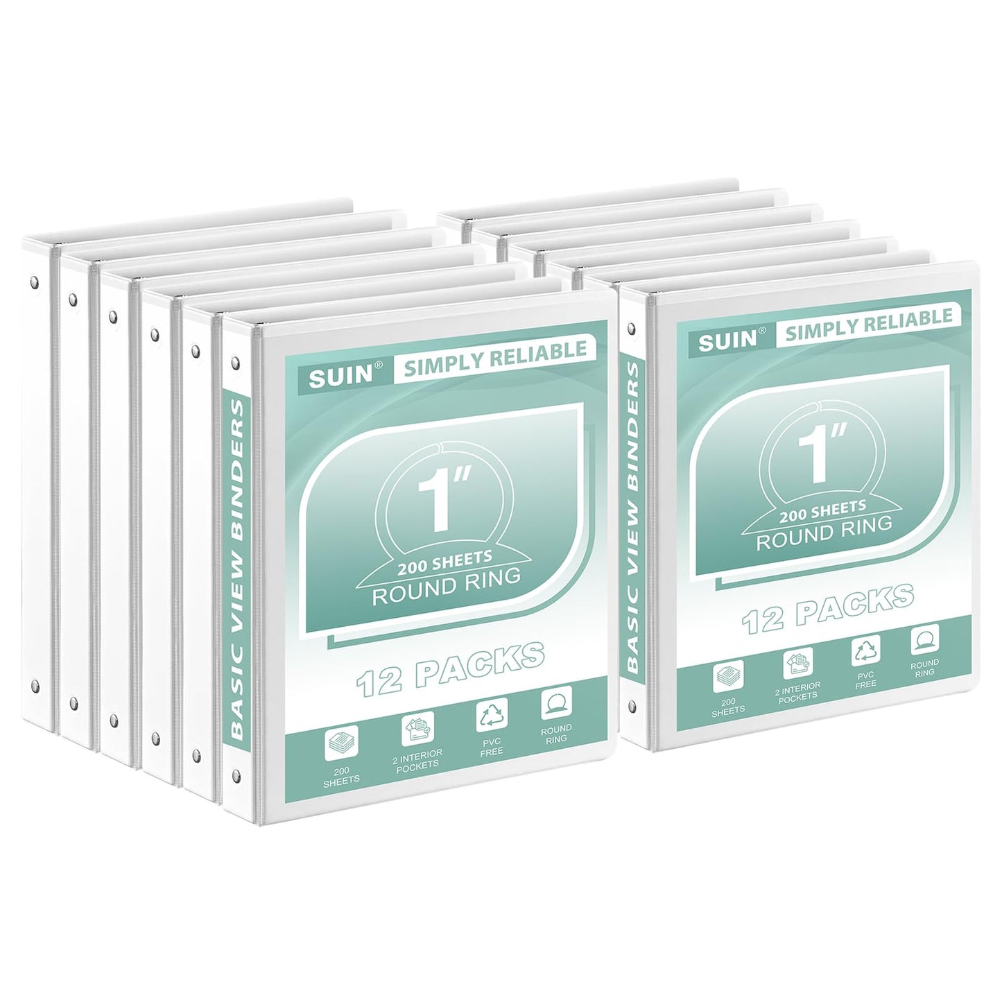 SUIN 1-Inch 3-Ring-Binder, Customizable Clear View Cover, for US Letter Size 8-1/2 x 11'', Perfect for Office/School (White - 12 Packs)