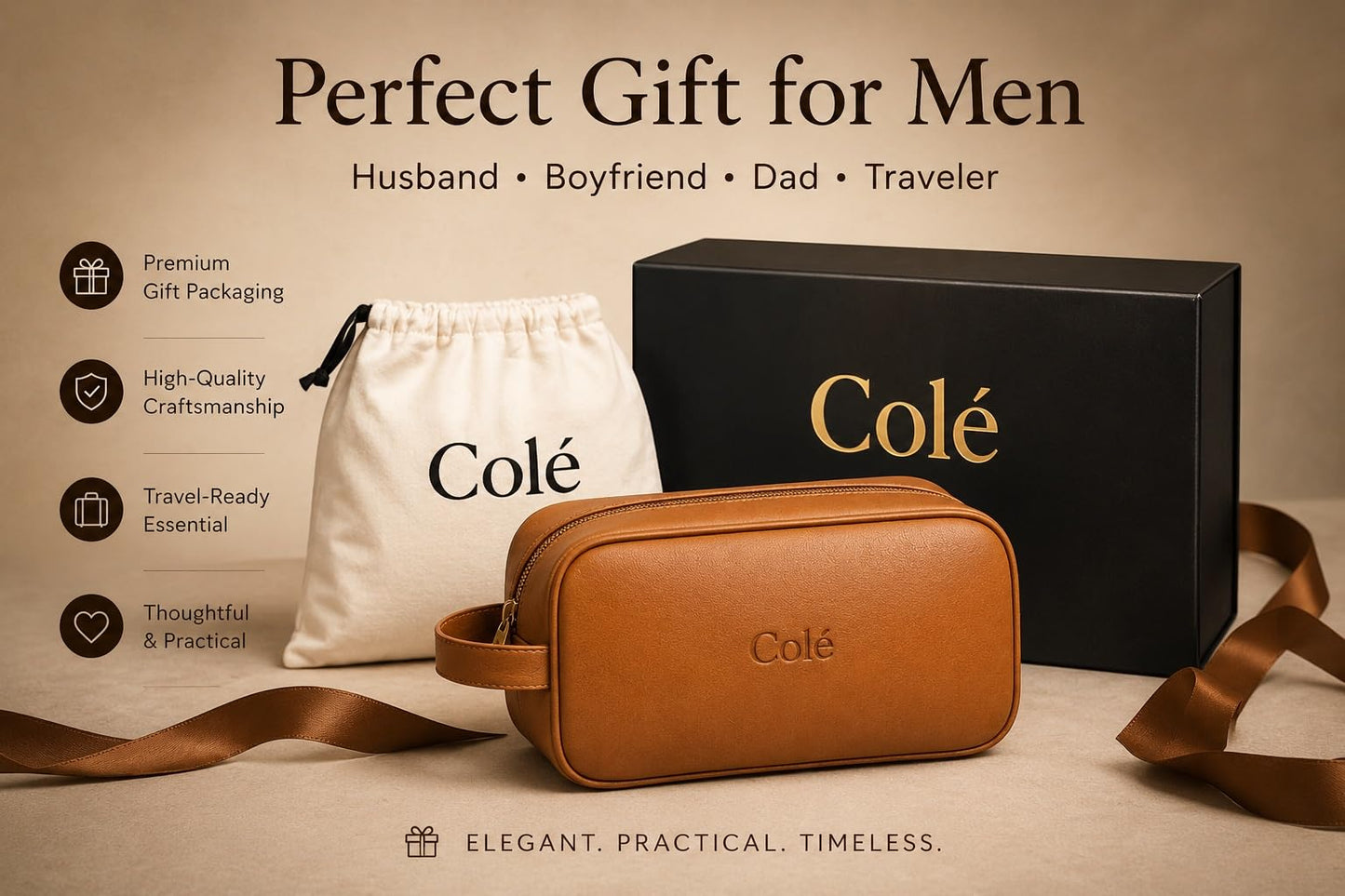 Colé Premium Travel Toiletry Bag Water Resistant, PU Leather, Gift Box, Dust Bag Included.