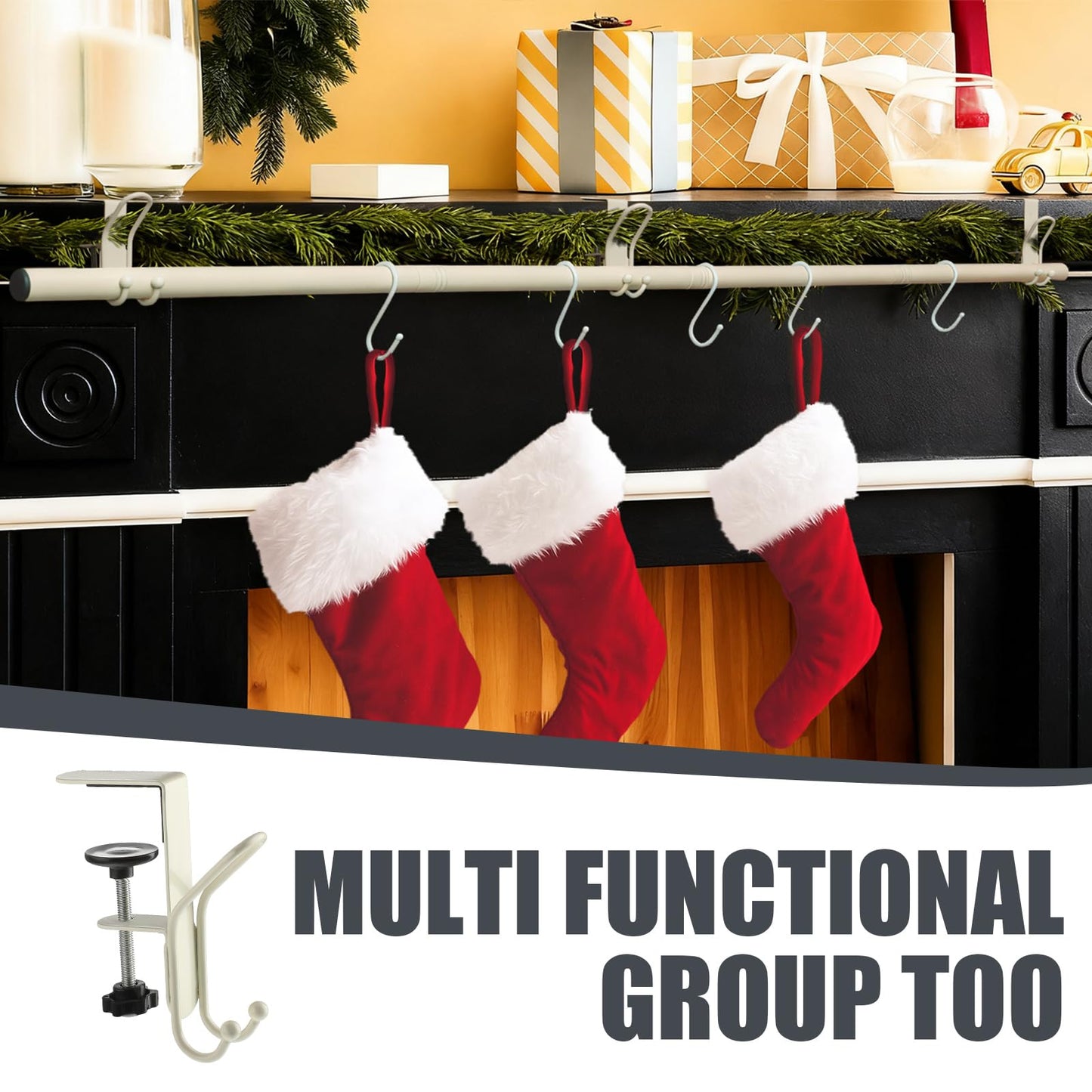 Hoolerry 3 in 1 Christmas Stocking Garland Hanger for Mantle Fireplace 3 Mantel Garland Hangers with 4 Adjustable Tension Rods 10 S Hooks for Xmas Holiday Stocking Wreath Hanging Ornament Decorations