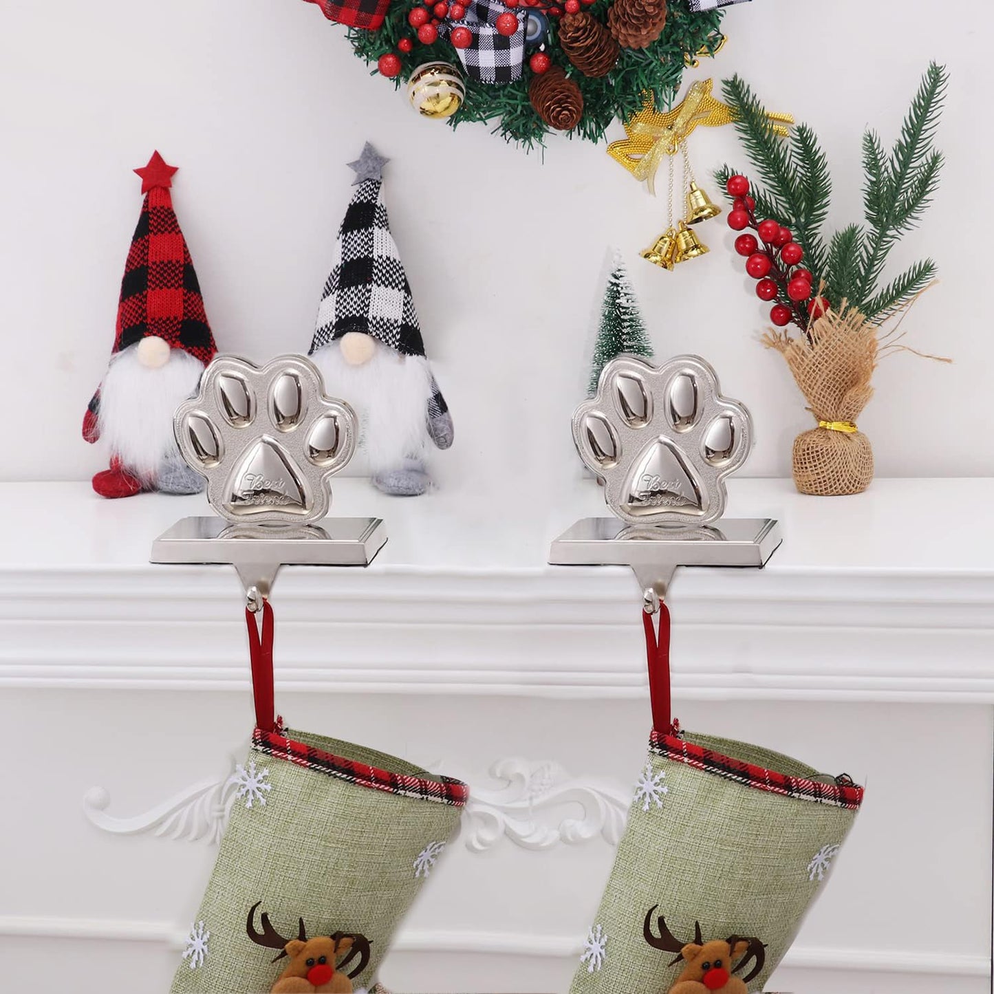 Christmas Stocking Holders for Fireplace Mantle Dog Paw Mantle Stocking Hangers Sliver Sturdy Stocking Hook for Tables Window Fireplace Home Decoration (1,Dog Paw)