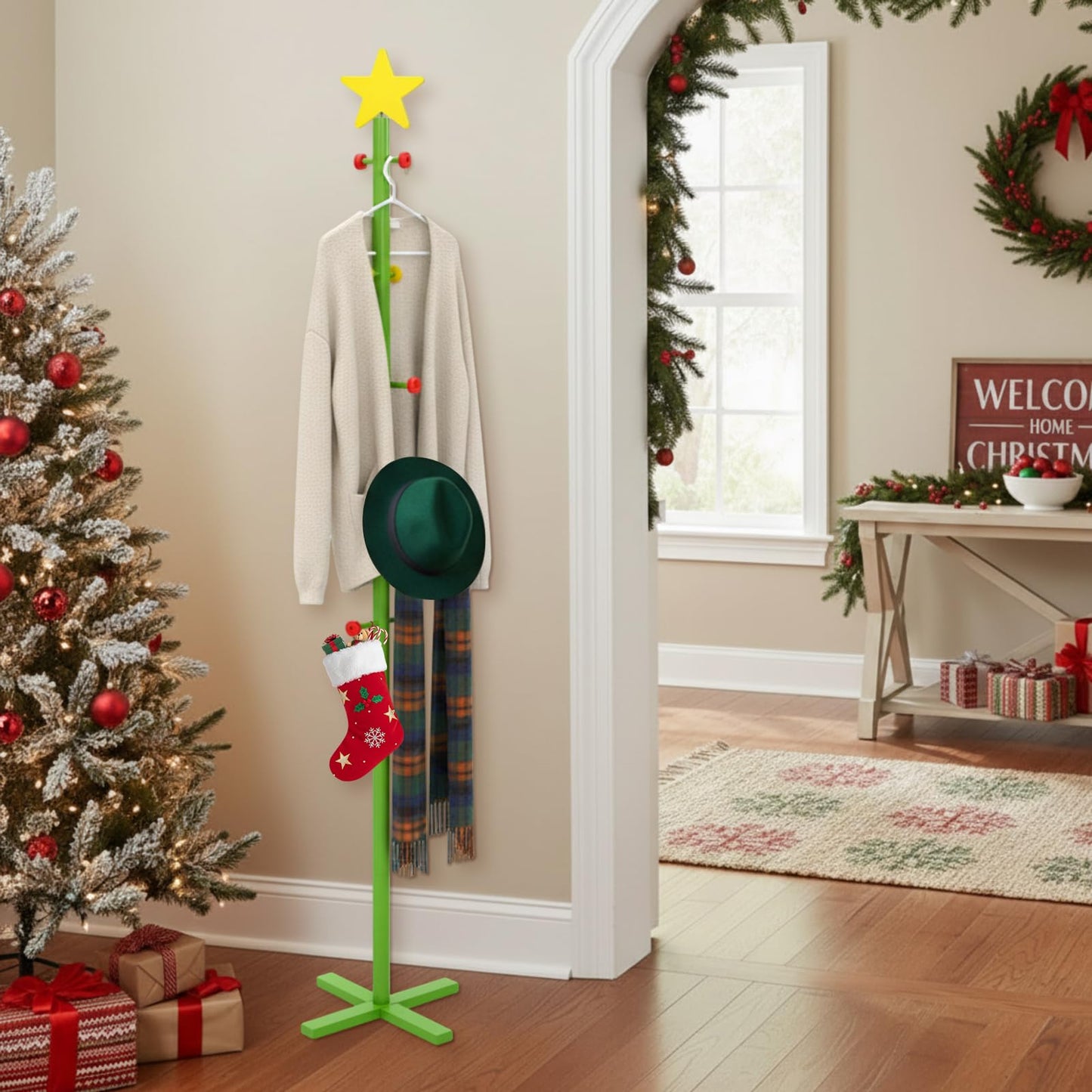 Capoda 71 Inch Christmas Stocking Holder Stand for Floor, Freestanding Wooden Christmas Tree Star Stocking Rack with 10 Hooks Hanger Stand for Xmas Winter Holiday Room Decoration