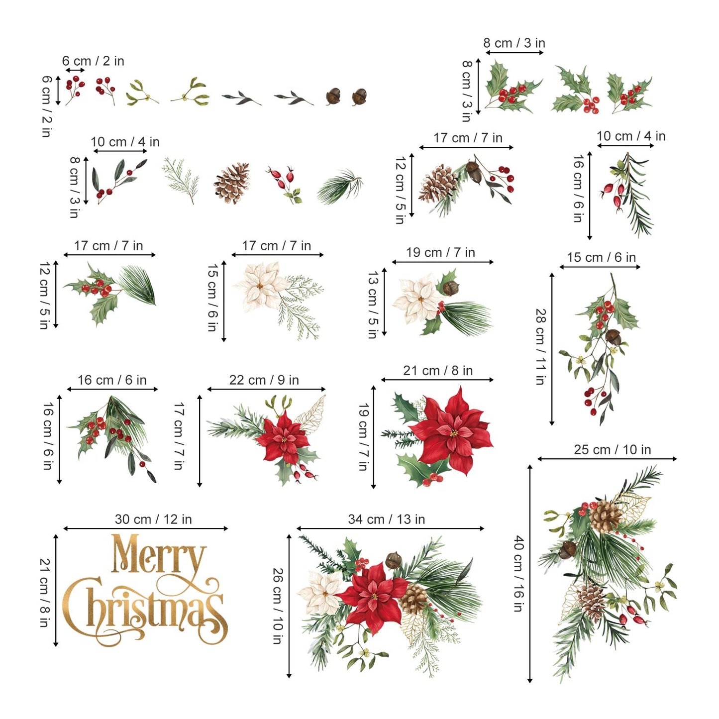 Wondever Christmas Flower Wall Stickers - Leaves and Floral Window Wall Art Decals for Xmas Party, Living Room