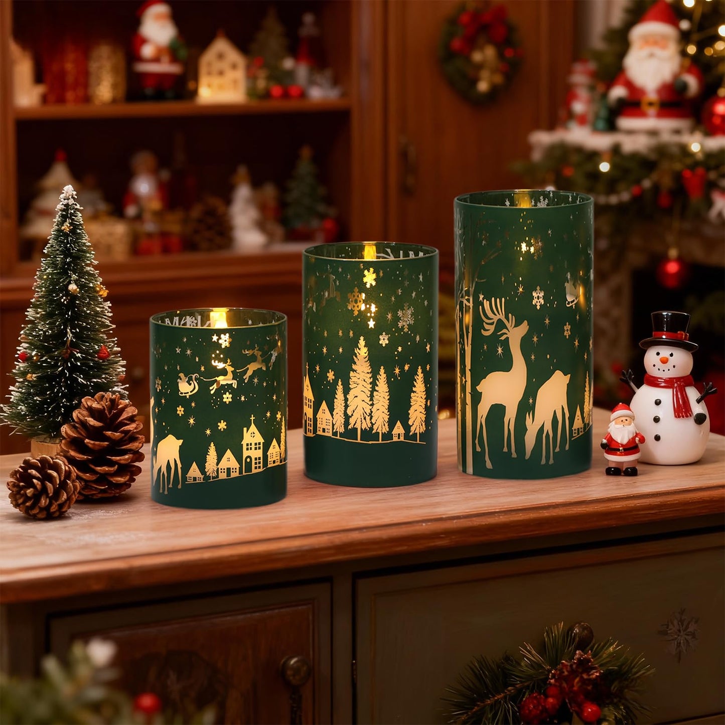 Wondise Christmas Reindeer LED Flameless Candles with Remote Timer, Electroplate Glass Battery Operated Real Wax Flickering 3D Wick Pillar Candles for Christmas Holiday Home Decoration