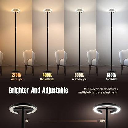 GLOWRIUM-H3B Floor Lamp for Bedroom, 71 Inch Bright LED Modern Corner Lamp with Remote, 4 Color Temperatures Tall Standing Reading Lamp with Timer for Bedroom, Stepless Dimmable, Rotatable Head