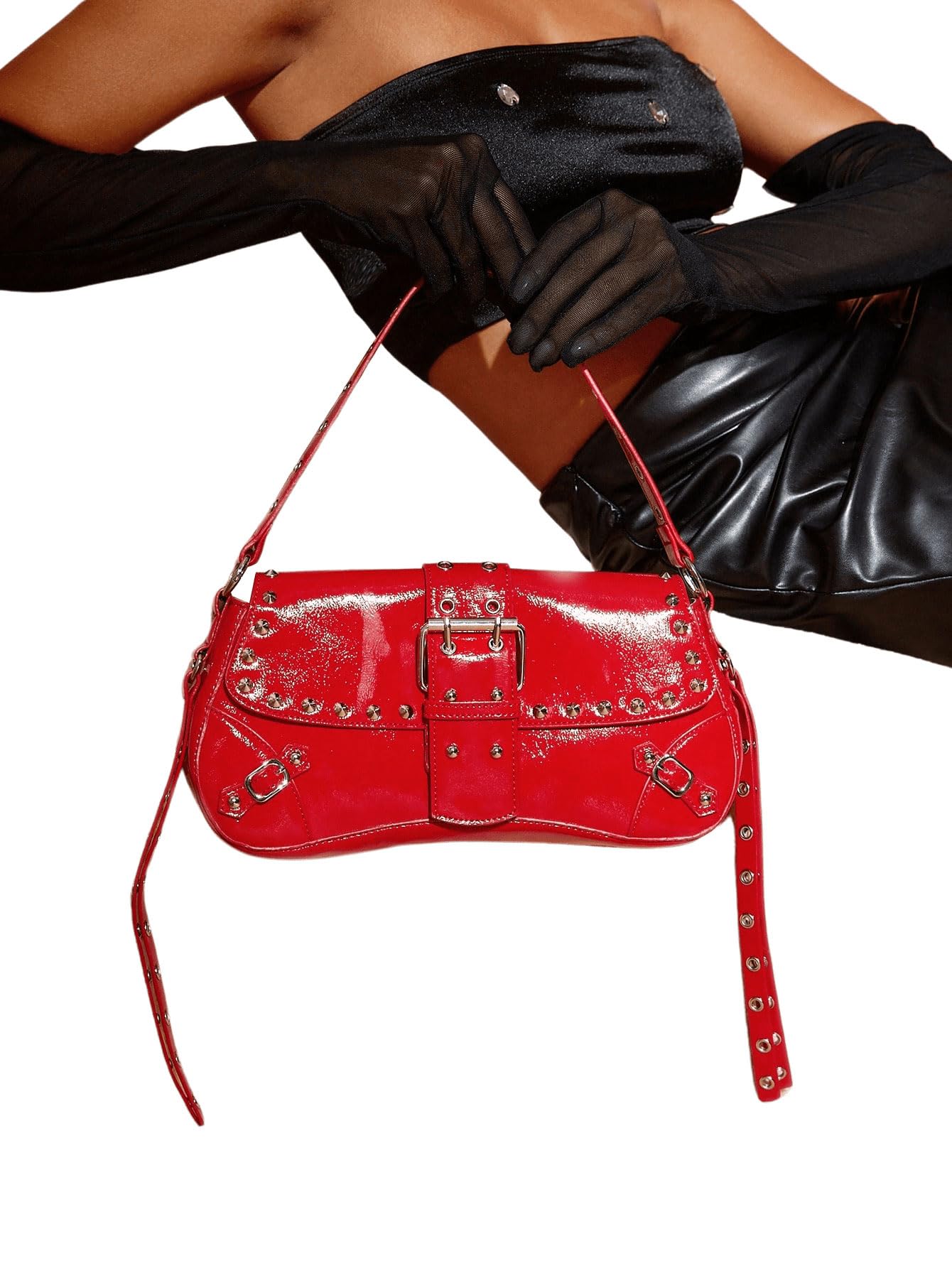 Verdusa Women's Y2K Purse Cute Trendy Handbag Leather Goth Punk Shoulder Bag Studded Crossbody Mini Purse Red One Size