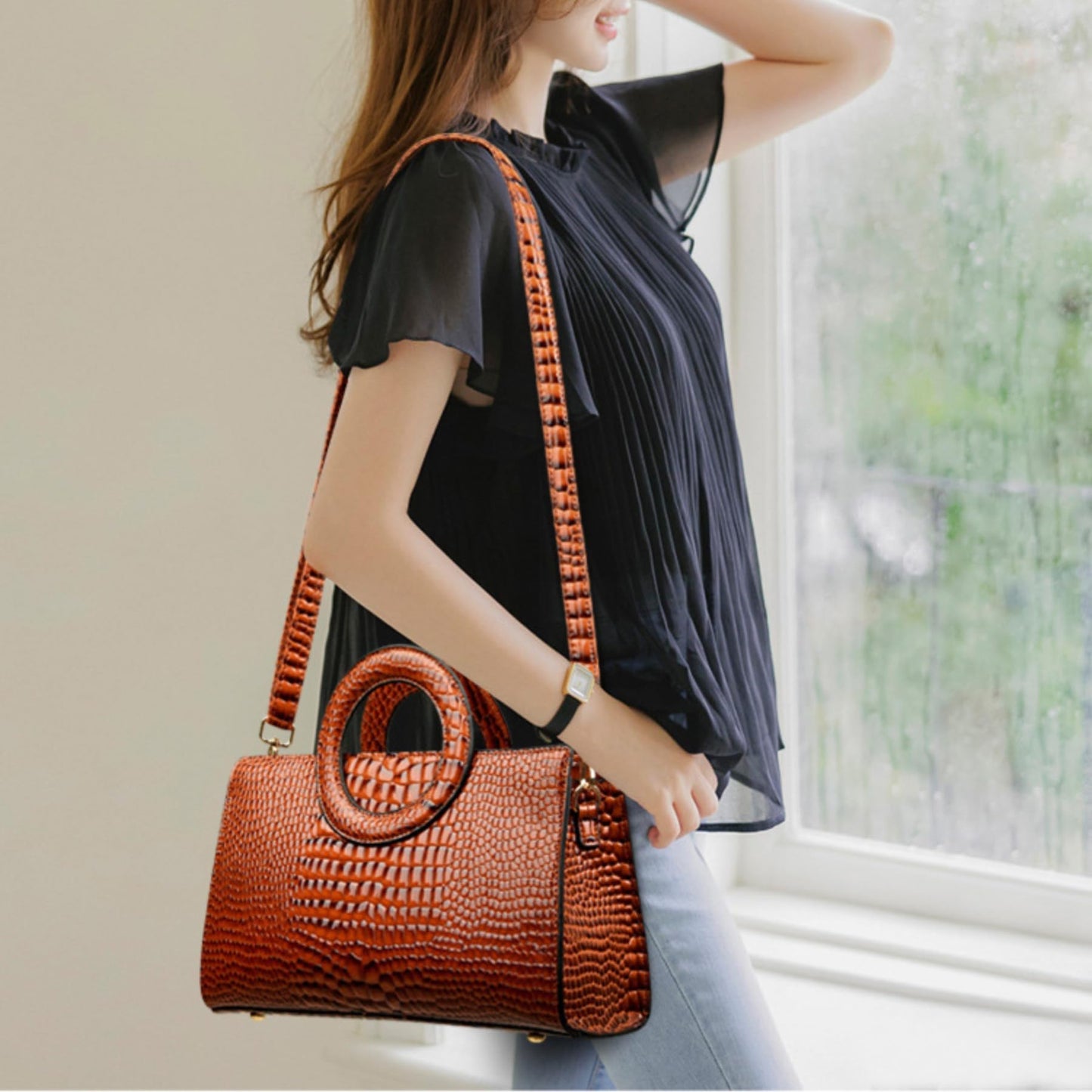 RJDBDD Women's Fashion Crocodile Print Square Bag Purse Satchel Versatile Patent Faux Leather Evening Handbag Crossbody Bag, Brown
