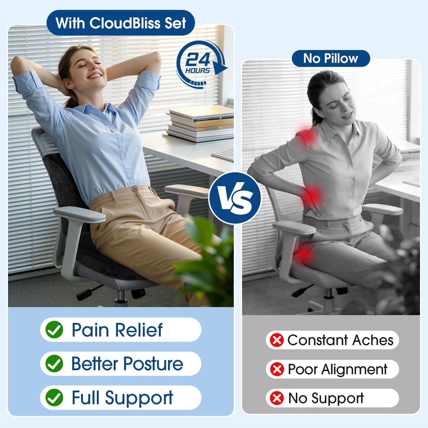 CloudBliss Lumbar Support Pillow & Seat Cushion Set for Office Chair, Desk Chair, Wheelchair & Car – Memory Foam Back Support, Ergonomic Chair Cushions, Sciatica Pain Relief, Home Essentials, Black