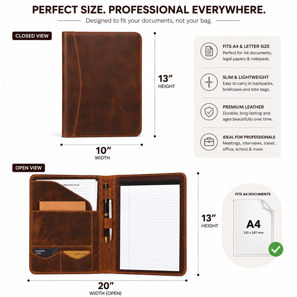 Leathervine Compact Leather Portfolio with Clipboard | Legal Pad | Card Holders | File Pocket | Pen Loop | Premium Organizer for Meetings | Work | Interviews | Graduation Gifts