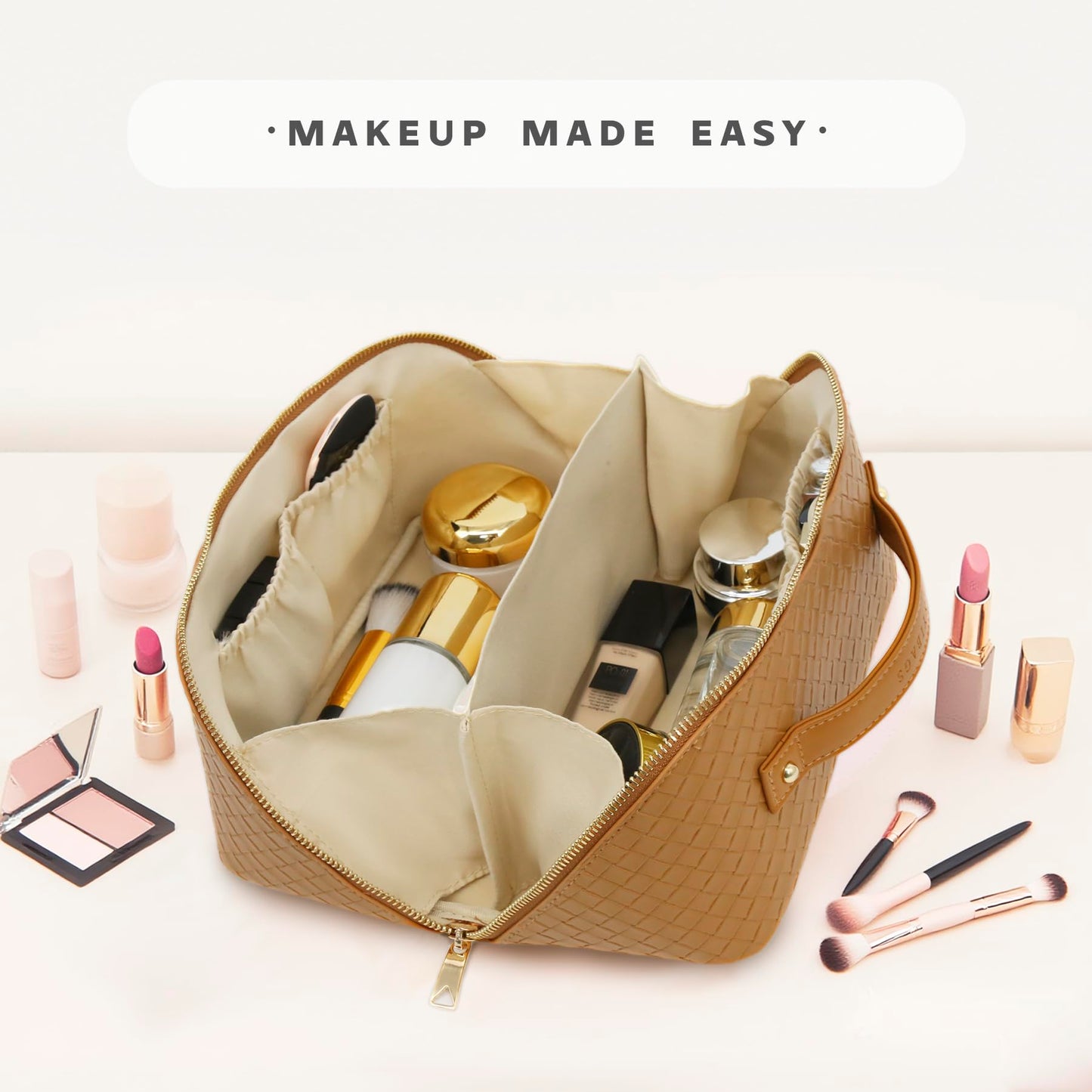 JINYIBAGS Travel Makeup Bag – Large Cosmetic Organizer with Waterproof PU Leather, Smooth Double Zipper & Tear-Resistant Lining, Toiletry Pouch for Women (Caramel)