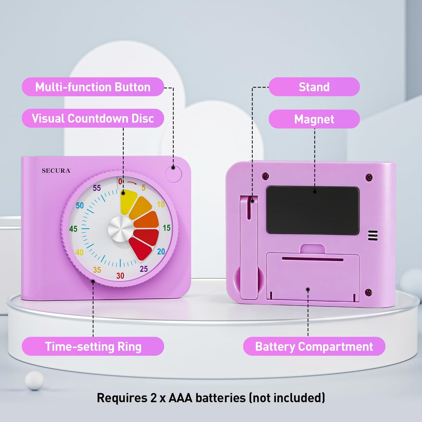 Secura Visual Timer for Kids – 60-Minute Classroom Countdown Timer with Color Disc, Time Management Tool for Kids, Teachers & Parents, Silent & Beep Modes, Magnetic Back & Stand (Purple)