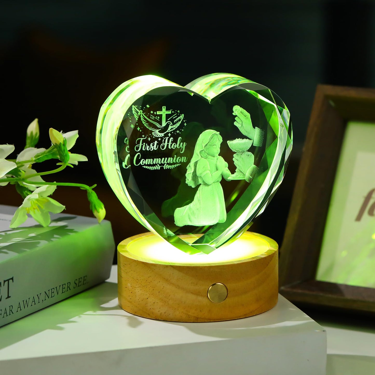 Arikyrist 3D Crystal First Holy Communion Gifts for Girls Women Crystal Heart Laser Engraving Communion Baptism Statue with Wooden Light Base Glass Religious Catholic Christian Decor