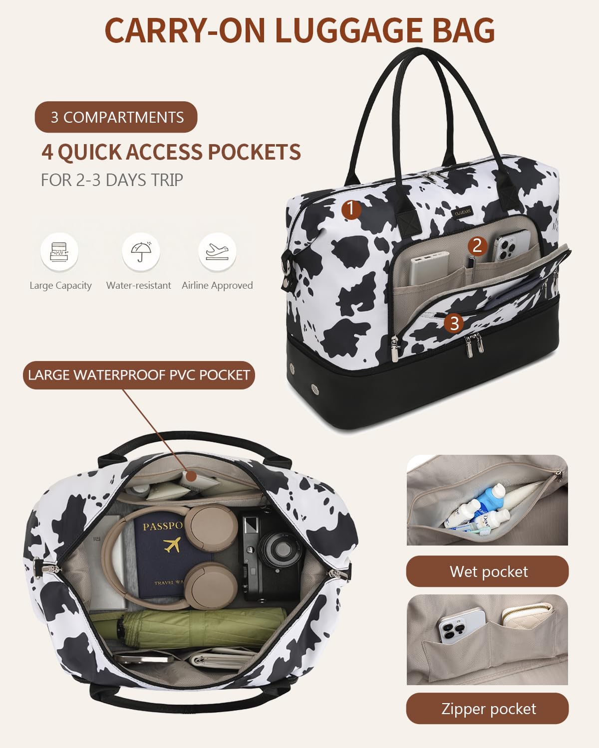 CLOKARS Weekender Bags for Women, Travel Duffle Bag Carry On Overnight Bag with Cosmetics Bag and Crossbody Purse for Gym Hospital, Gifts for Women, Cow Print Black