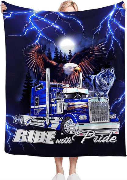 Truck Blanket Decor Gifts for Trucker, Truck Flannel Fleece Fuzzy Lorry Throw Blankets, Soft Warm Cozy Plush Eagle Wolf Blanket for Bed Couch Living Room Stuff Decoration for Kids Adult 50"x40"