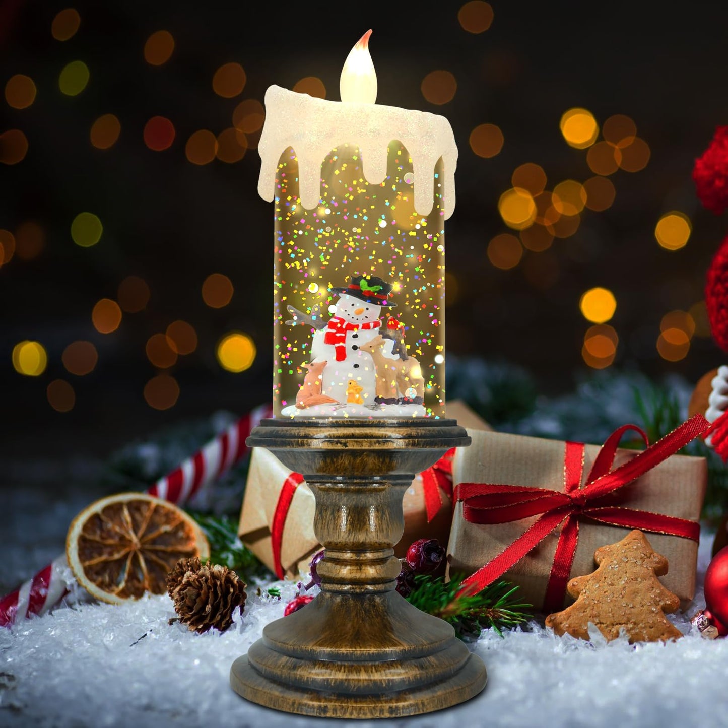 AOMIL Christmas Flameless Candles, Flickering Flameless Candles with Timer, LED Candles Battery Operated, Snow Globe Candle Light for Christmas Decorations