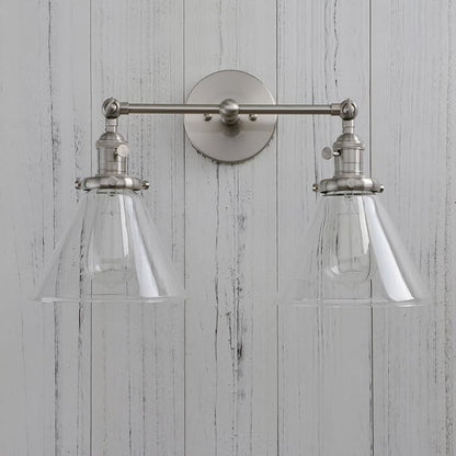 Permo Double Sconce Vintage Industrial Antique 2-Lights Wall Sconces with Funnel Flared Glass Clear Glass Shade (Brushed)