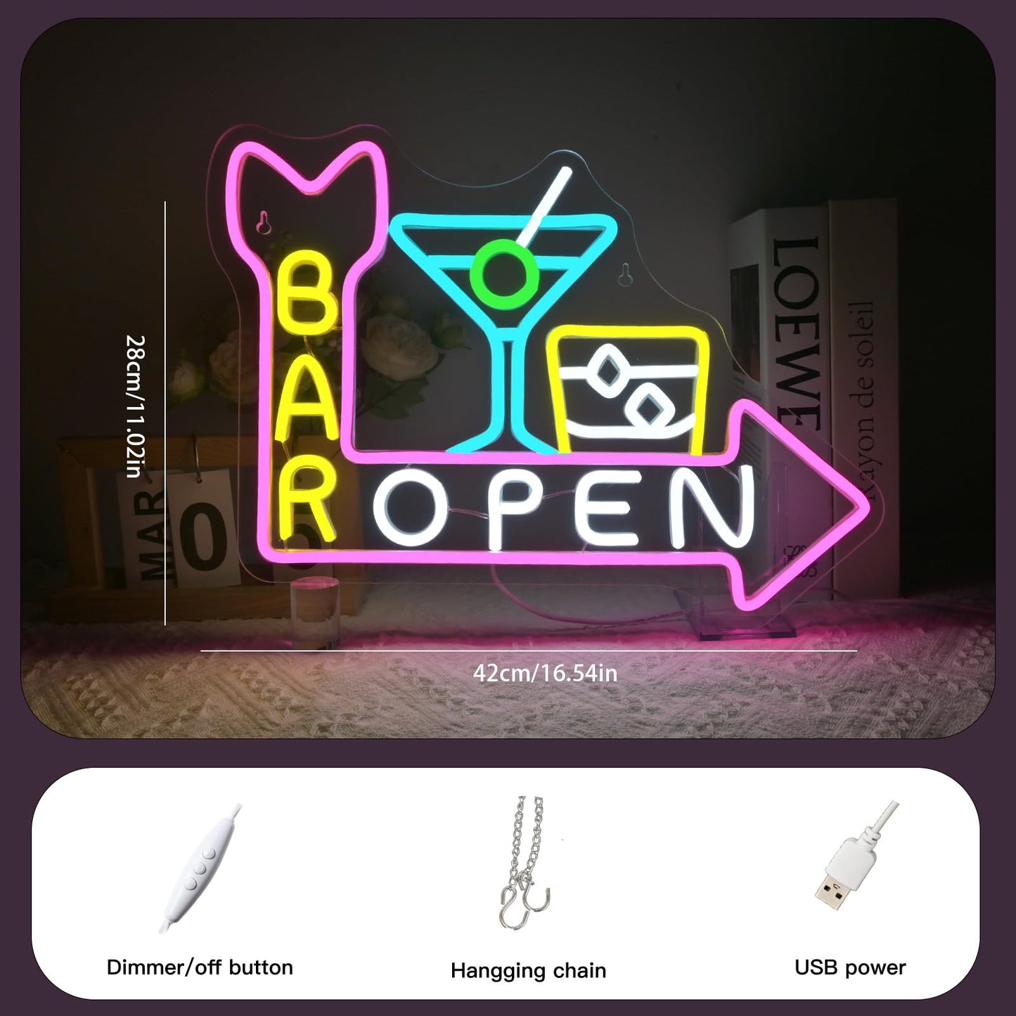 VVYXX Bar Open Neon Signs for Wall Decor Neon Open Sign Cocktail Led Light for Shop Home Bar Lounge Cafe Restaurant Club Party Salon Tavern Hotel Decor