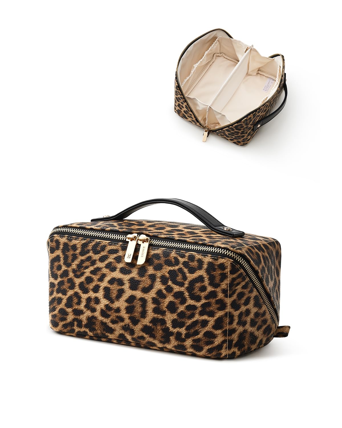 EACHY Travel Makeup Bag for Women, Large Leopard Print Cosmetic Bag with Upgraded Sturdy Zippers, Waterproof Leather Toiletry Organizer Pouch for Skincare Accessories