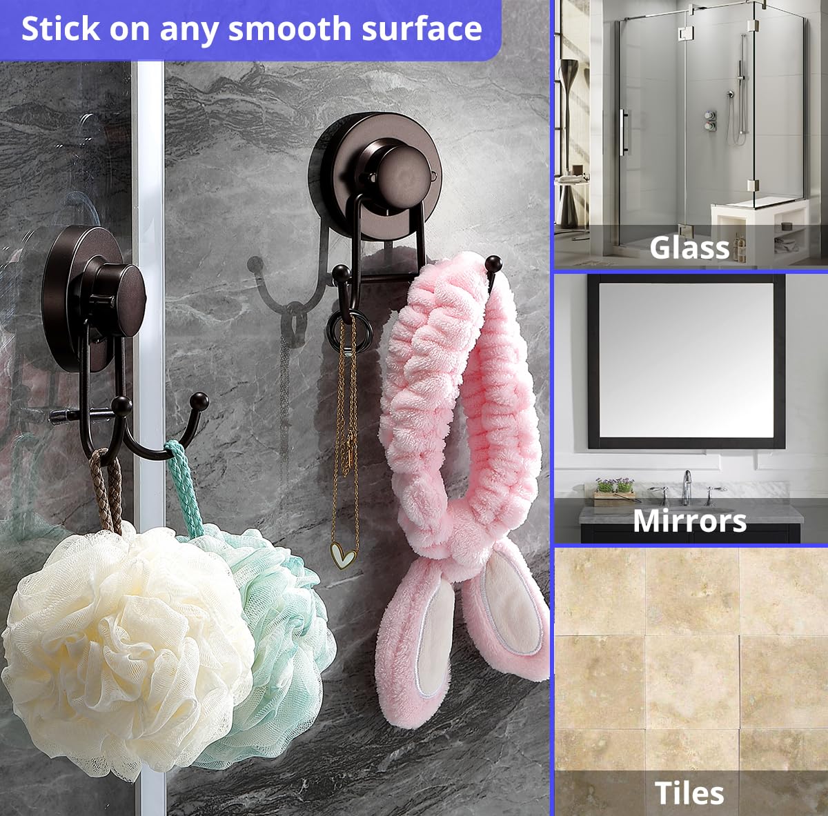 HOME SO Suction Cup Hooks for Shower & Bathroom Towel Holder 2-Pack – Suction Cups Hooks for Hanging Towels, Robes, & Coats - Tiles, Glass Door or Mirror – Shower and Towel Hooks - Bronze, Stainless
